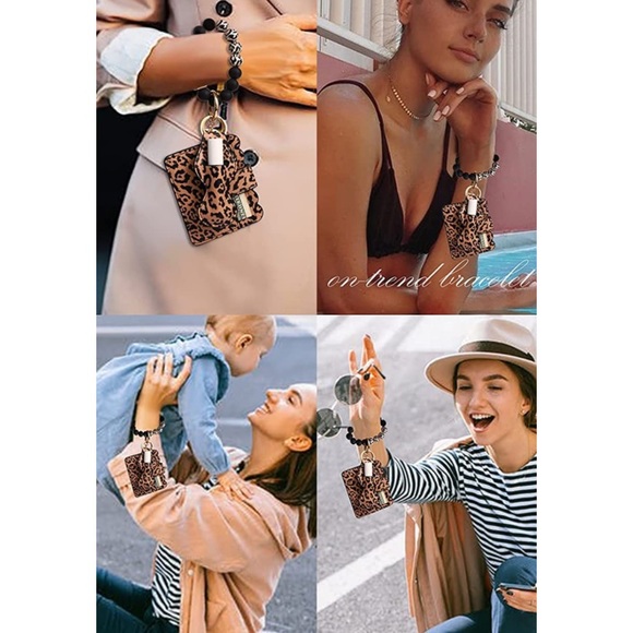 Wristlet Keychain Bracelet Wallet, Silicone Beads Bangle Lipstick Holder Leopard - Picture 2 of 5